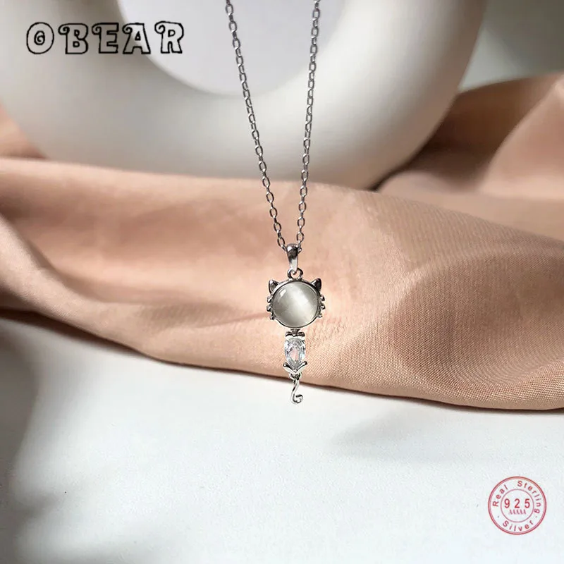 

OBEAR Stylish Female 100% 925 Sterling Silver Cute Opal Cat Pendant Necklace For Women Jewelry Gift