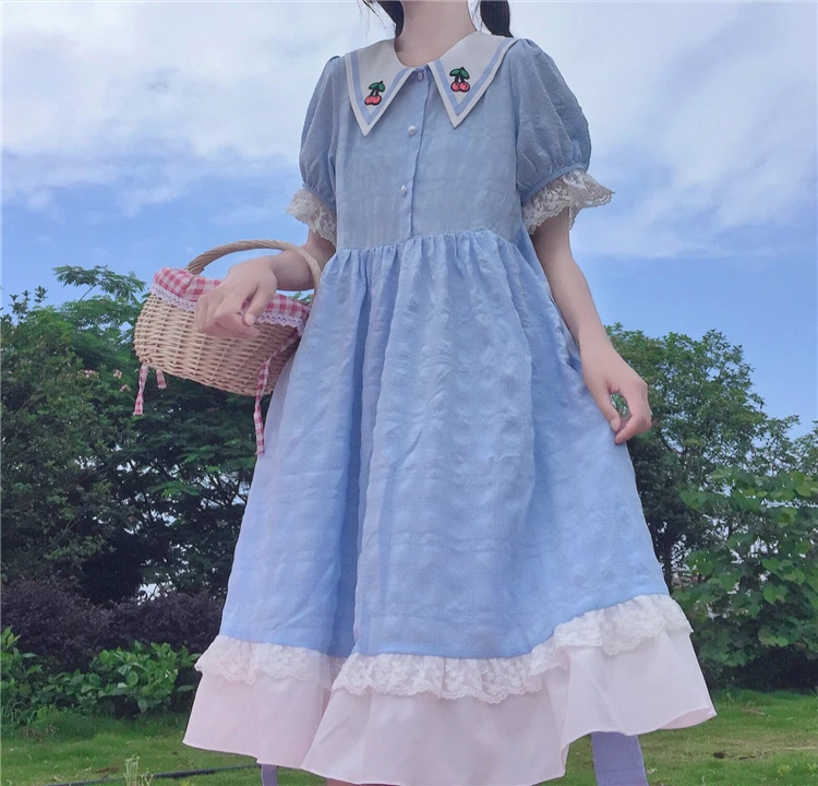 Japanese Preppy Style Sweet Soft Girl Dress Peter Pan Collar Cherry Vintage Puff Sleeve Dress Kawaii Ruffles Cute Girly Dresses