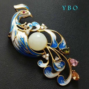 

Y B O , Peacock brooches with colorful enamel gold plated natural nice jade setting 925 sterling design for women