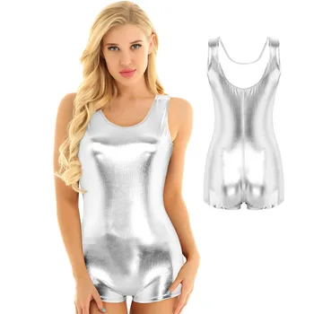 

Women Shiny Metallic Sleeveless Gold/Silver Solid Color Sexy Jumpsuit Gymnastics Leotard Unitards Club Party Dance Rave Costume