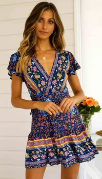 

Spring Bohemian Beach Printed Boho Short Woman Dress V Neck Comfortable Vintage Beach Dresses Casual Jumper Party Vestido