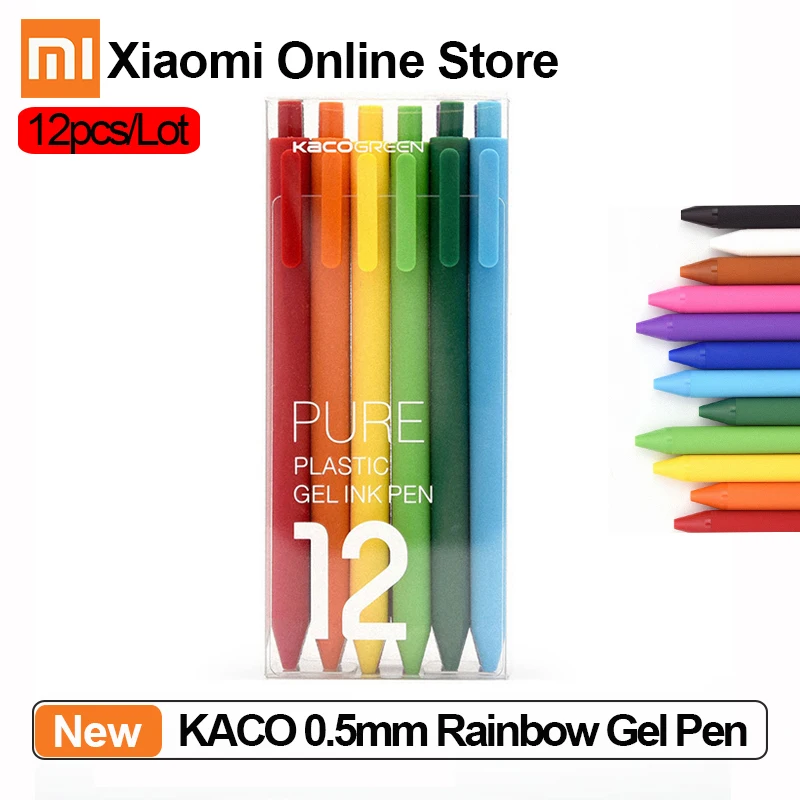 12 шт./партия, гелевая ручка Xiaomi KACO 0,5 мм, гладкая, пишущая шариковая ручка, цветные чернила, Заправка для школы, знак, радужная ручка