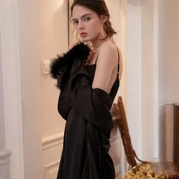 

Lady's Pajamas Two Piece Set sleepwearSpring Autumn Nightdress Nightgown Set Long knee over furry pajamas Fashion sexy pajamas