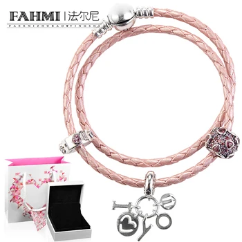 

2020 100% 925 Sterling Silver Guardian Love Double Circle Leather Bracelet Bracelet DIY Beaded Bracelet New Set Set D45516