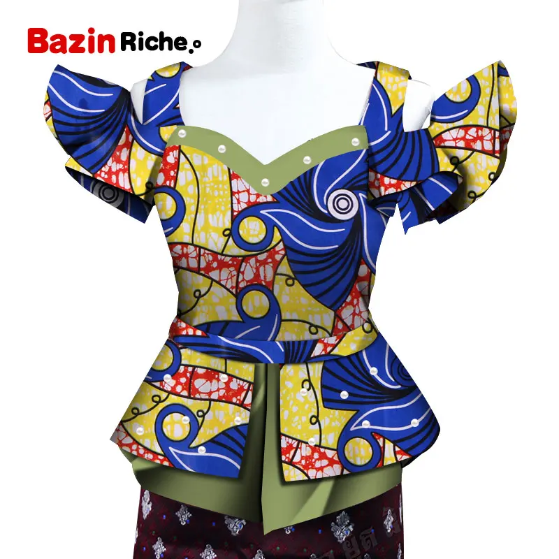 Fashion Shirt African Print Top for Women Bazin Riche Pearls Double Ruffles Top Cotton Dashiki African Clothing WY5096