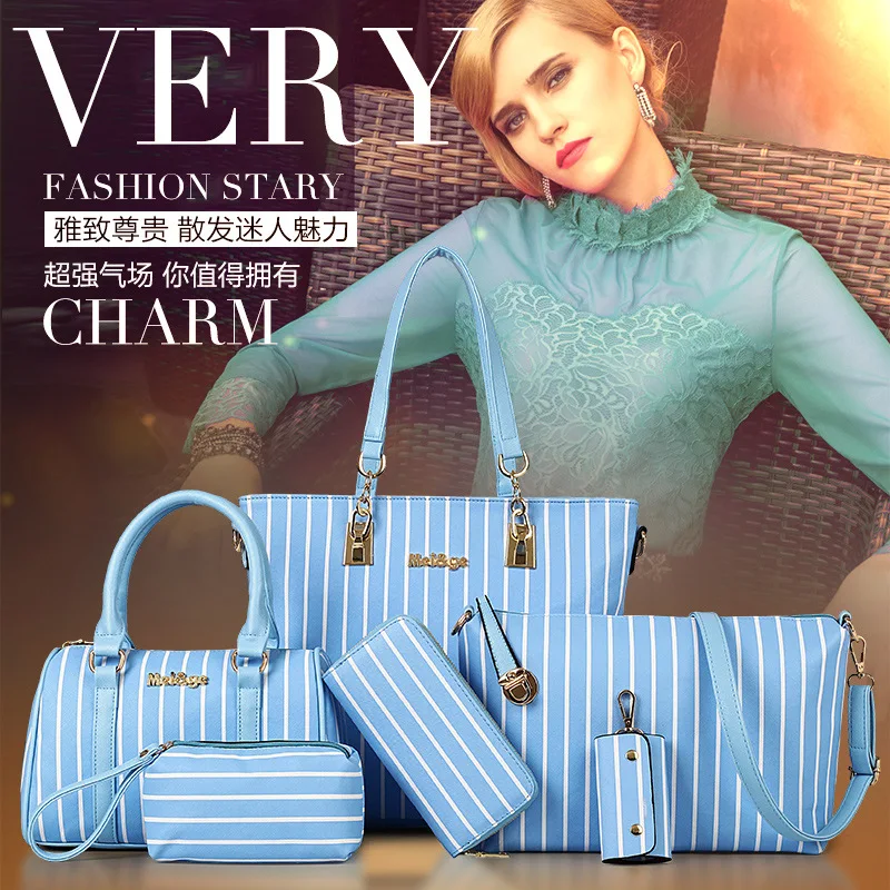 

2016 Summer New Style Stripes WOMEN'S Bag Europe And America Style Contrast Color Different Size Bags Six Pieces Set One-Shoulde