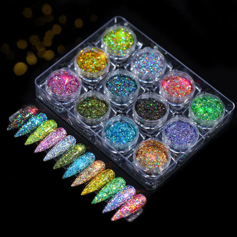 12 pcs/Japanese nail art laser glitter sequins set color light turn onion powder jewelry mermaid magic sequin | Красота и здоровье