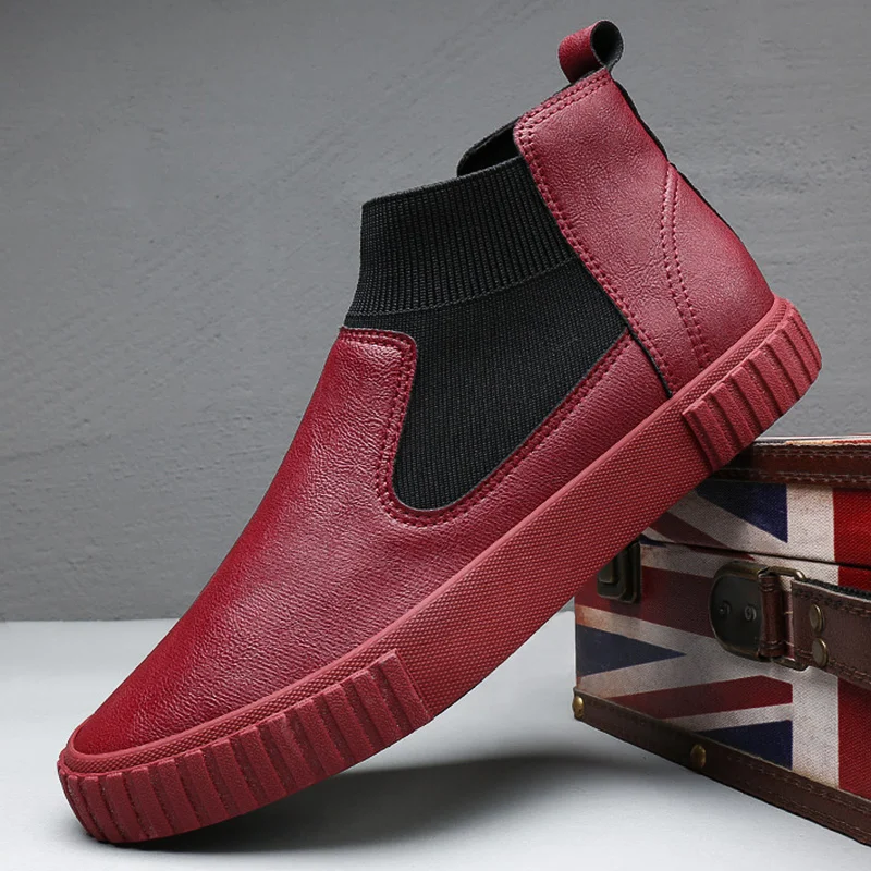 Mens Moccasins Casual high top slip on Leather Shoes Male Casual Shoes black gray Sneakers Leather flats shoes A22-03