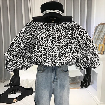 

Streetwear Leopard Slash Neck Off Shoulder Blouse Women Lantern Sleeve Crop Tops Summer New 2020 Shirt and Tops