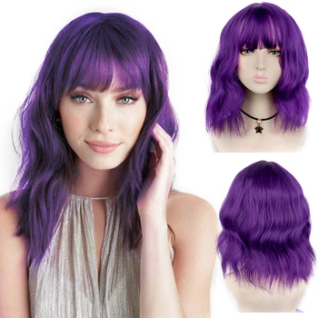 

LiangMo Short Wavy BOB Wigs Synthetic Wigs with Bangs for Black Women Heat Resistant Christmas Cosplay Wig Purple Wig