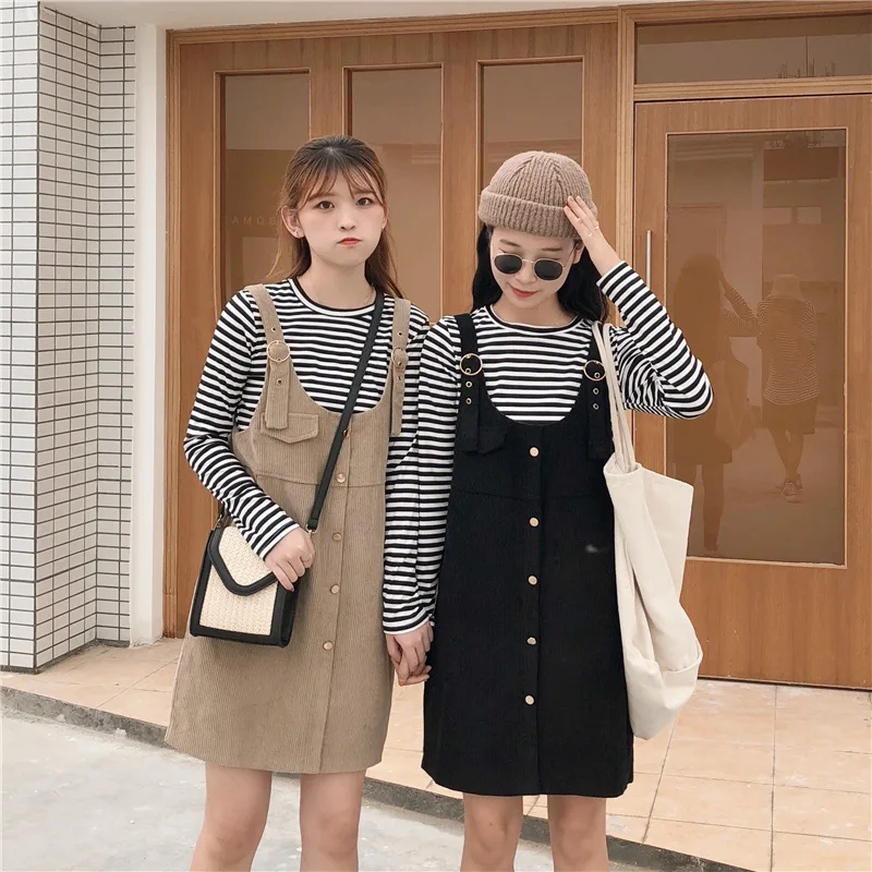 

Autumn Crew Neck Stripes Long Sleeve Base Shirt + Corduroy Suspender Skirt Two-Piece Set Fashion