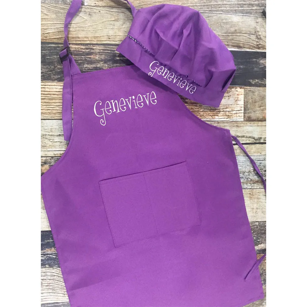 Purple Red Blue Color Kids Chef Apron Chef Hat Personalized Name Child Baking Apron Set Children's DIY Colorful