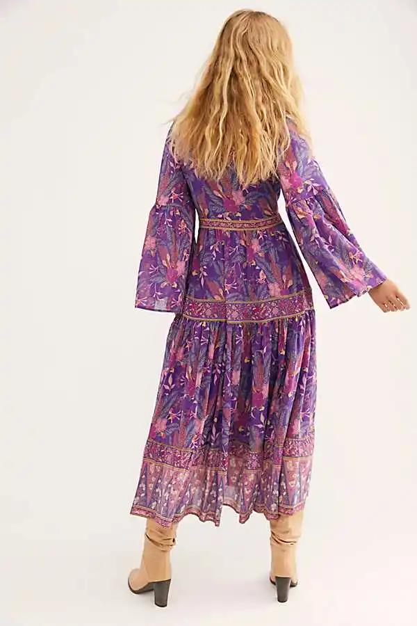 BOHO INSPIRED purple floral dress women V-neck long sleeve dress maxi chic gypsy boho dress summer dress new vestidos
