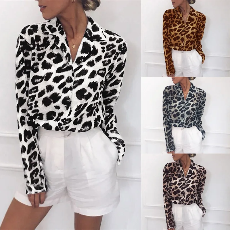 Women Blouses Casual Spring and Autumn Fashion blouse Button Long Sleeve V-neck Leopard Print Chiffon Blouse plus size women office shirt female blouse