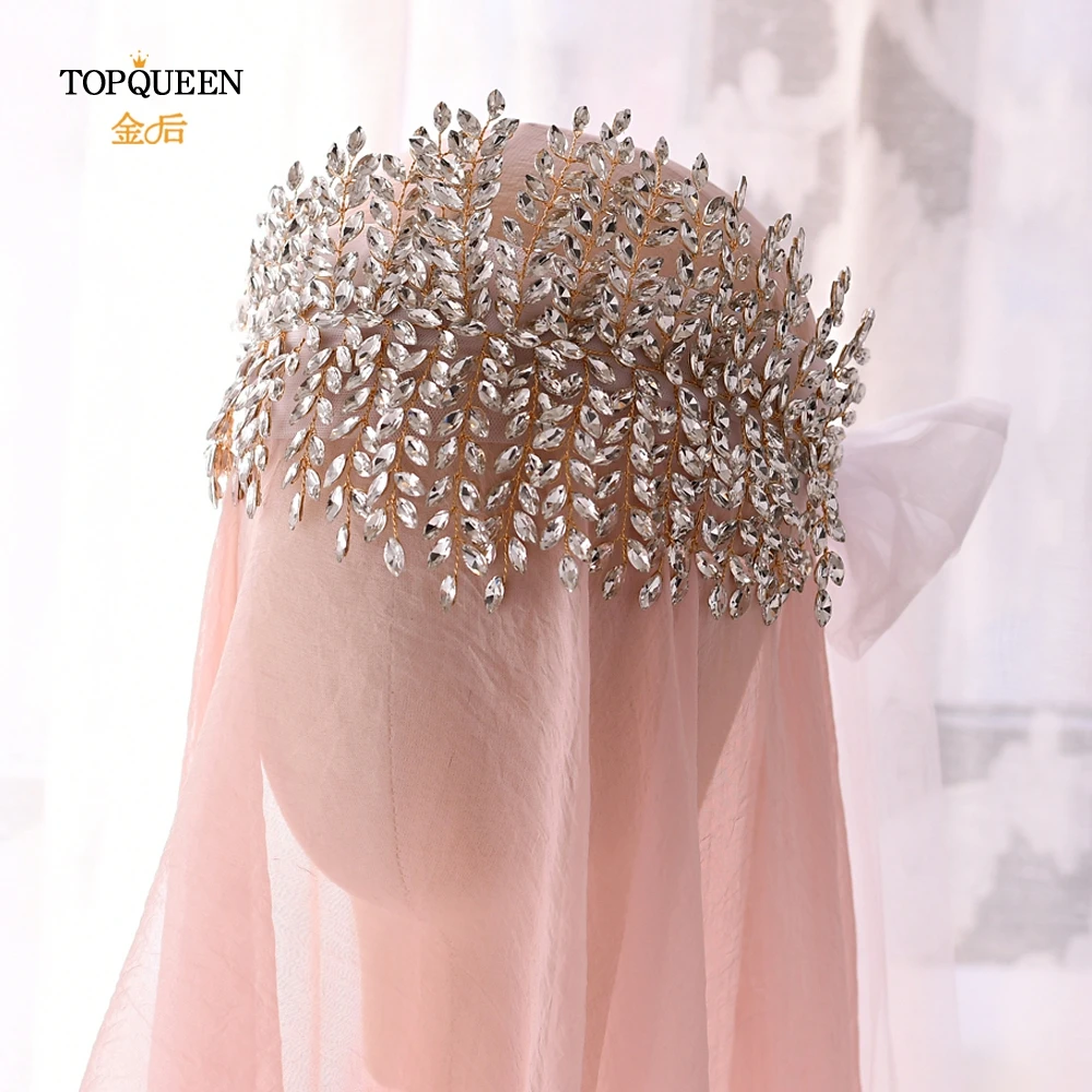 TOPQUEEN HWS01-G Golden wedding veil headband Bridal Veils Lace Edge Appliqued With Rhinestone bridal hair accessories