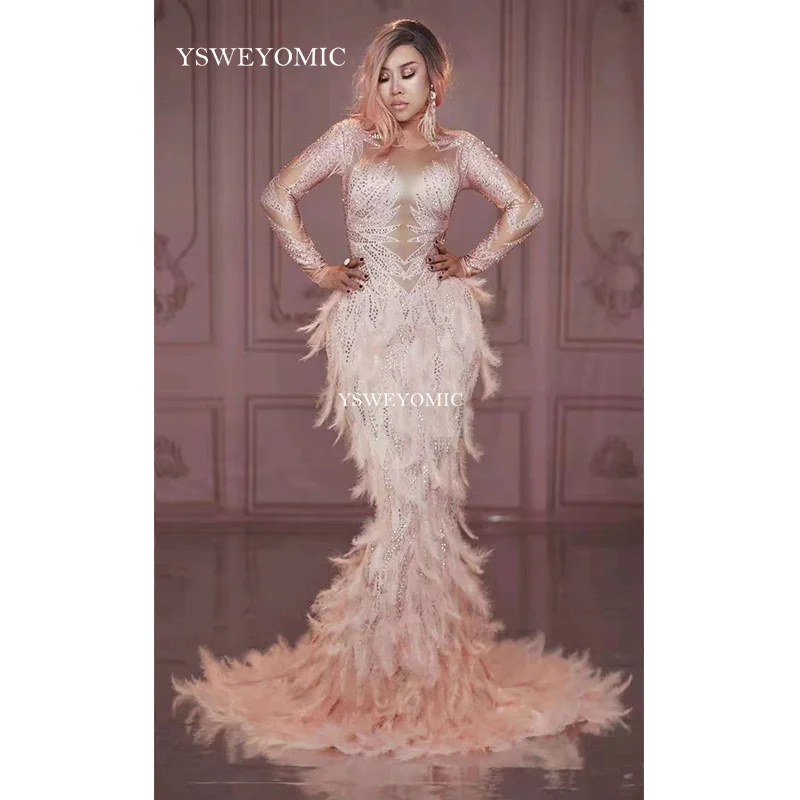 

2019 Sparkly Rhinestones Pink Feather Nude Dress Sexy Full Stones Long Big Tail Dress Costume Prom Birthday Celebrate Dresses