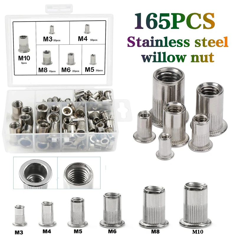 165 Pcs Rivet Nut Stainless Steel M3~M10 Pull Rivet Nut Compartment Kit 