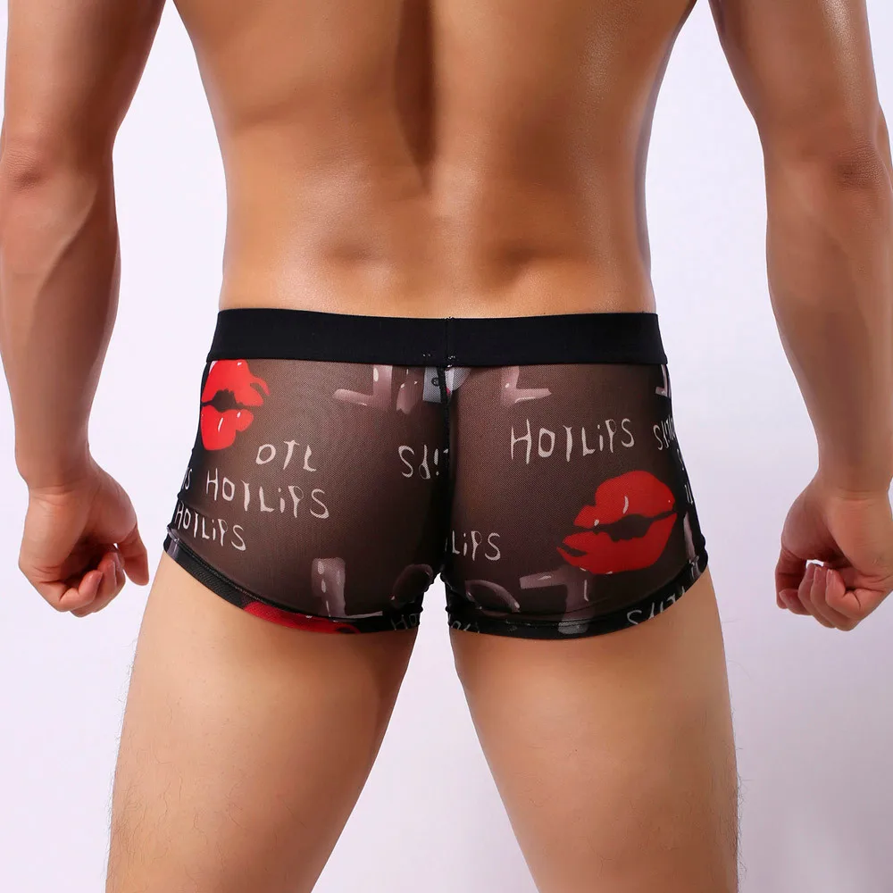 Mens Boxer Sexy lips Printed Underwear Transparent See Through Shorts Male Panties penis gay Underpants Soft cueca gift for male