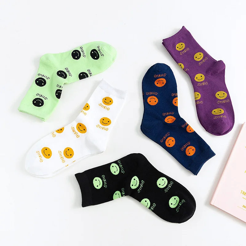 Зимние корейские носки из чистого хлопка со смайликом и буквами, женские носки ярких цветов, короткие женские носки