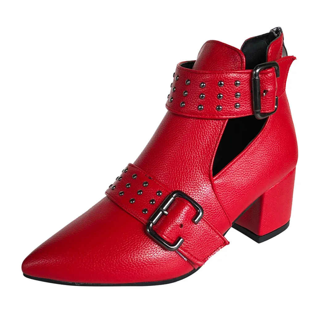 Vintage Hollow out Martins Boots For Woman Fashion Rivet Buckle Strap Ankle Boots Platform Square heel red Leather Boots Women