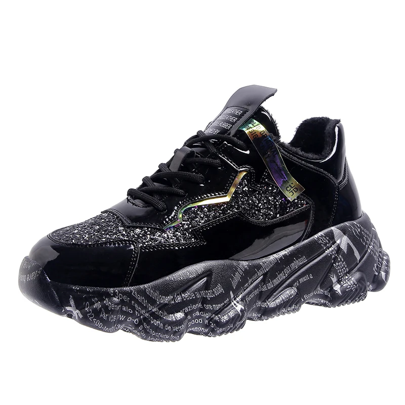 Сетчатые массивные кроссовки на шнуровке с граффити; Sepatu; дышащие кроссовки для женщин; Массажная обувь для бега; обувь, увеличивающая рост; Deportivas Mujer - Цвет: black