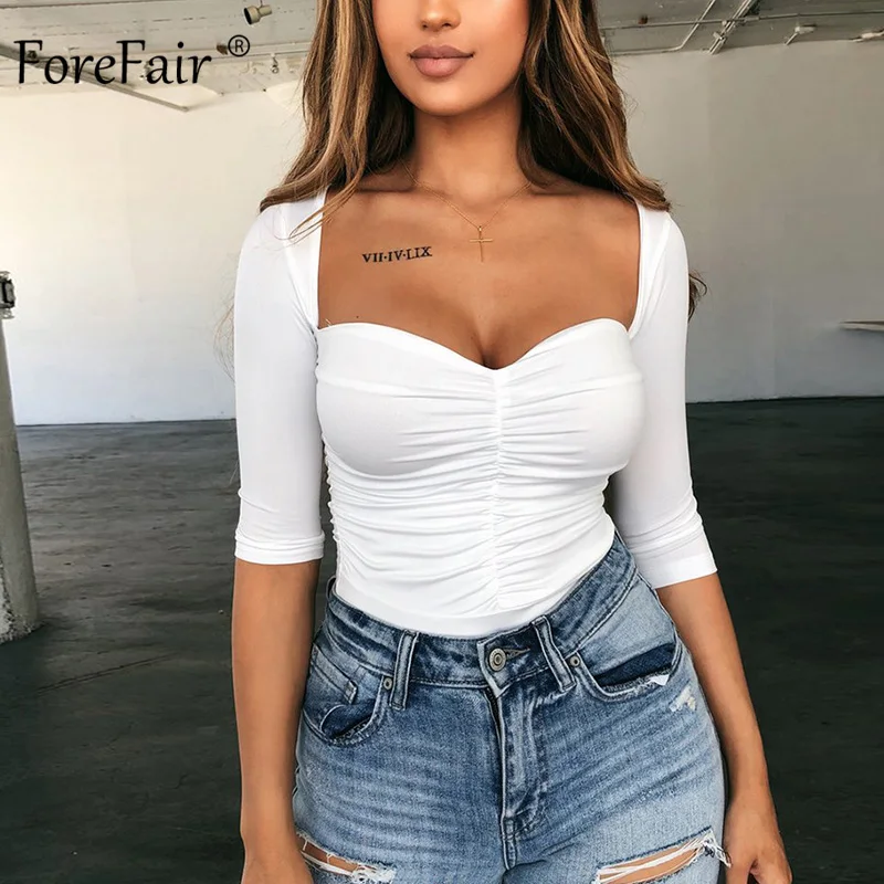 

Forefair Half Sleeve Strapless Sexy Bodysuit Women 2019 Elegant Rompers Ribbed Solid Casual Black White Slim Autumn Body