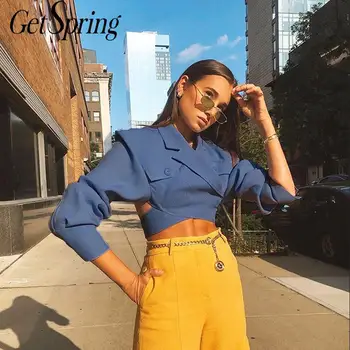 

GetSpring Women Blazer Short Blazer Coat Long Sleeve Hollow Out Sexy Women's Slim Suit Jacket High Waist Blazer Jacket Autumn