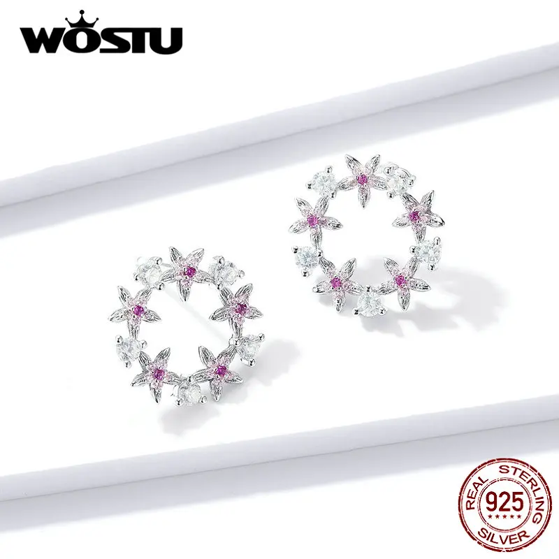 WOSTU, 925 пробы, серебряные, с цветами, круглые серьги-гвоздики для женщин, розовые, циркониевые, маленькие серьги, свадебные, вечерние, ювелирные изделия, CTE307