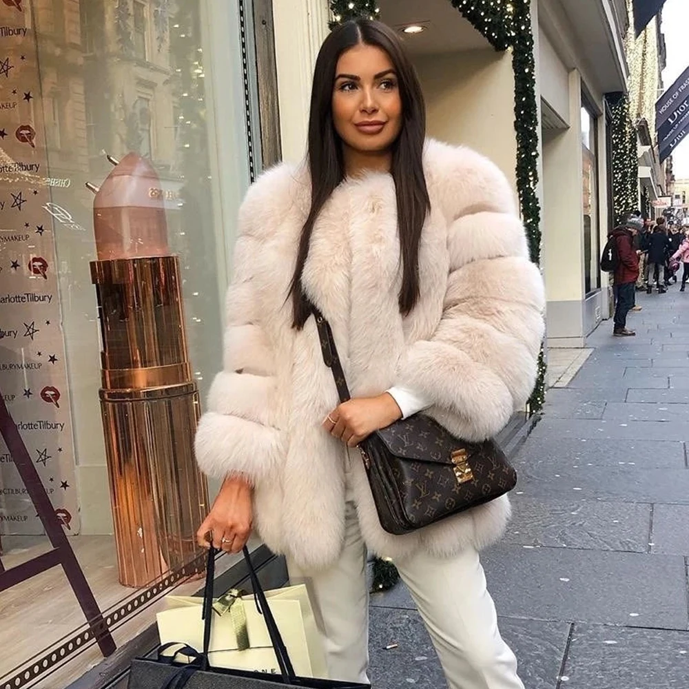 2022 Winter New Real Fur Coat for Women Winter Outwear High Quality Whole Skin Genuine Fox Fur Jacket Medium Length Fur Overcoat