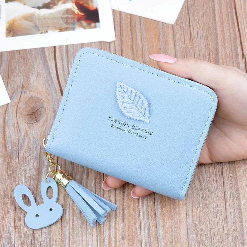 New women's wallet leather zipper tassel mini coin key case Korean student leaves simple small wallet