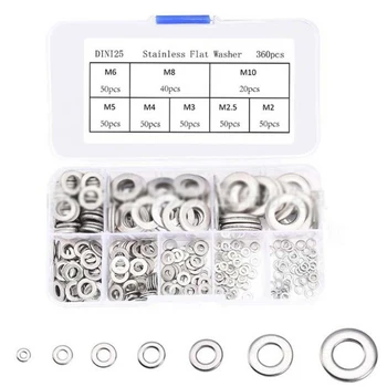 

360Pcs/Set Stainless Steel Flat Washers M2 M2.5 M3 M4 M5 M6 M8 M10 Plain Gaskets Assortment Kit Hardware Industry Accessories
