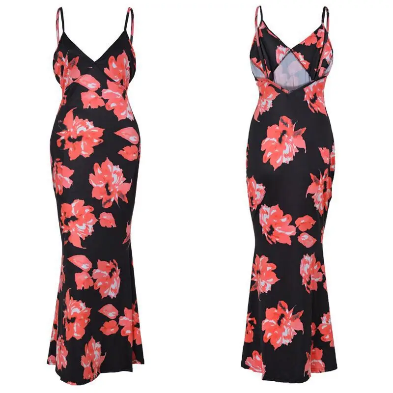 

Sexy Floral Print Women Summer Sleeveless V-Neck Backless Vintage Long Boho Party Cocktail Casual Loose Beach Pink Dress