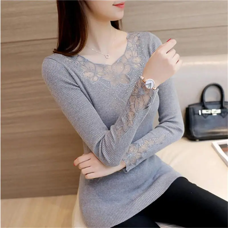 

Korea Fashion Autumn Winter Solid Pullovers Sweaters Women Spring Sexy Gray Embroidery Lace Slim Knitted Sweater Female Tops