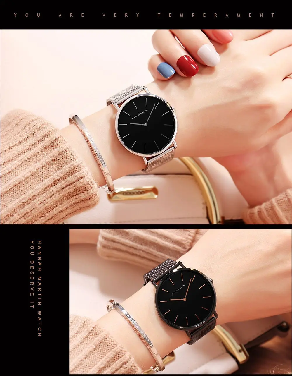 Женские кварцевые часы, японский механизм, нержавеющая сталь, сетка, розовое золото, ремешок для часов, водонепроницаемые наручные часы для женщин, черный, серебристый цвет
