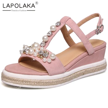 

Lapolaka Hot New Design Basic Cow Leather Wedge Heels Summer Sandals Woman Shoes Buckle Strap Metal Decoration Shoes Women