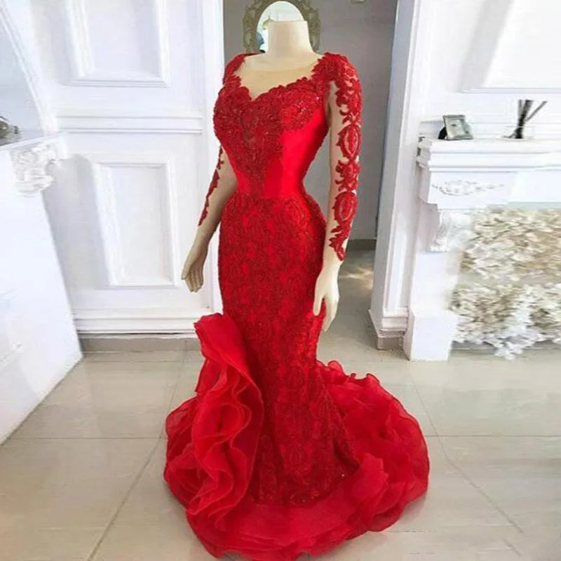2020-red-long-sleeve-evening-dresses-formal-vestidos-prom-gowns-mermaid-sheer-neck-lace-appliques-ruffles-bottom-long-evening-gowns