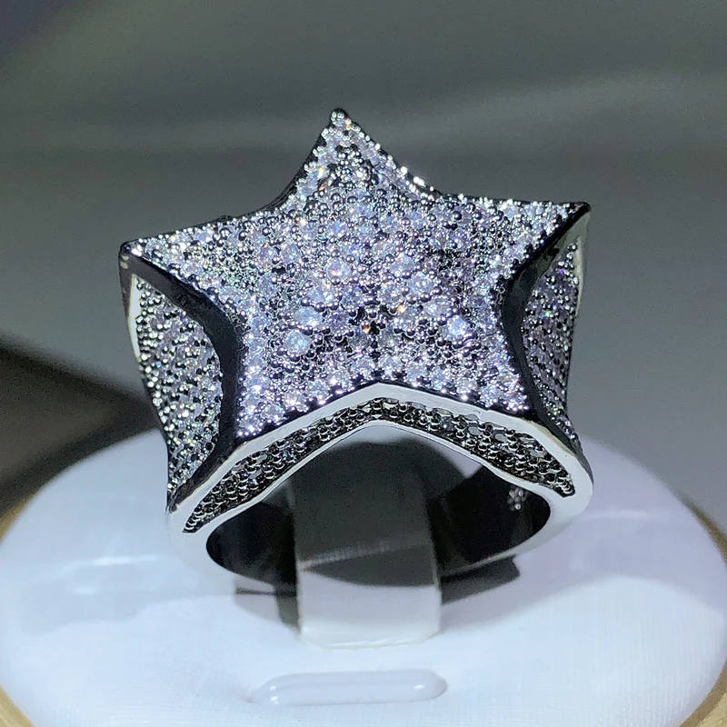 925 Silver High Quality Hip Hop Big Five Star Ring For Women Pave Setting Zircon Ring Party Cookic Jewelry Gift