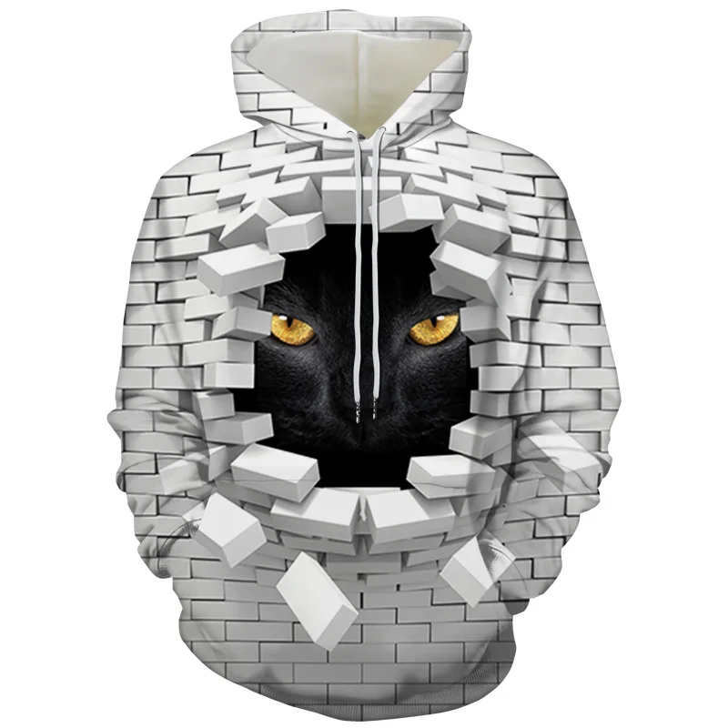 

2021 New casual women's sports hoodie 3D printed fun broken wall cat face hip-hop long sleeve hoodie sweatshirt