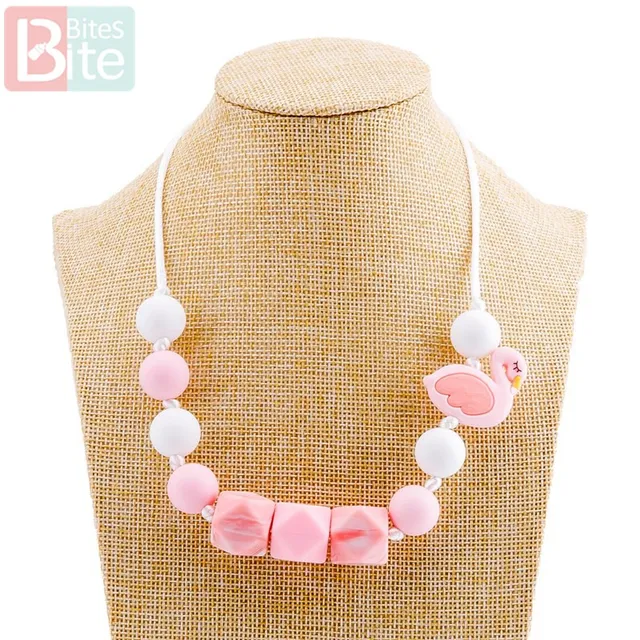 Bite Bites 1pcs Baby Teething Necklace Food Grade Silicone Beads Long Chain Baby Goods Silicone Bead Nurse Gift For Baby Teether Swan Necklace