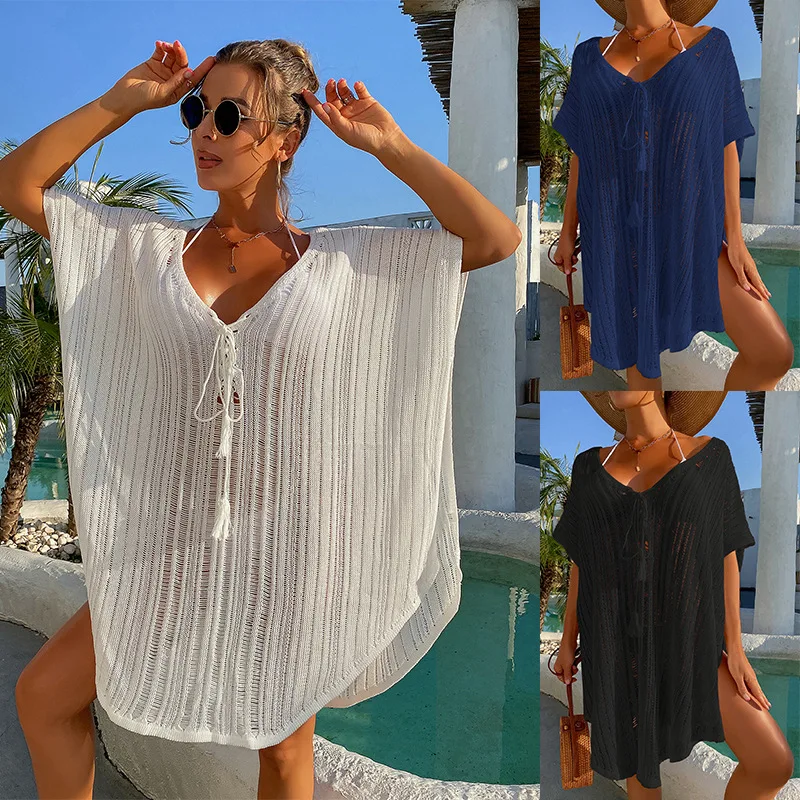 

2022 New Crochet Beach Wear Women Swimsuit Cover Up Swimwear Bathing Suits Summer Mini Dress Loose Solid Pareo Cover Ups