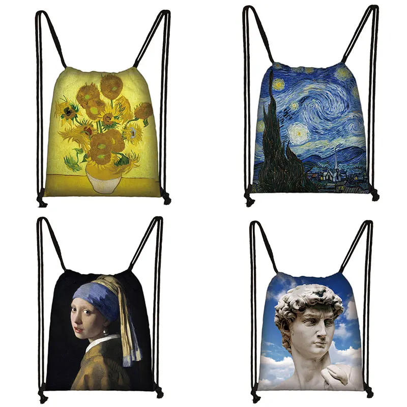Mochila con estampado de girasoles/Da Vinci para hombre y mujer, bolsa de almacenamiento con cordón para chica perla/Mona Lisa