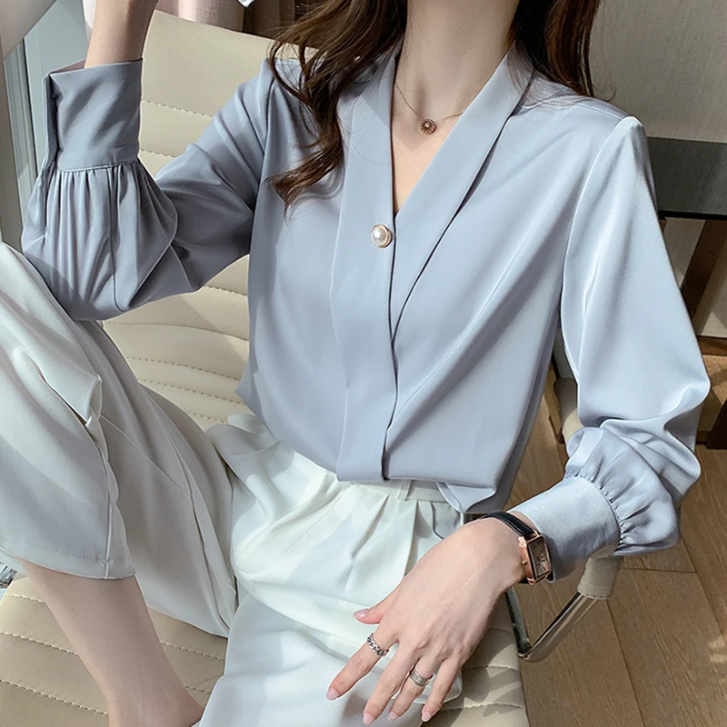 New V-Neck Silk Shirts Women Pullover Short Sleeve Summer Tops 2021 Button Women Blouses Satin Clothing Office Lady Solid Blouse