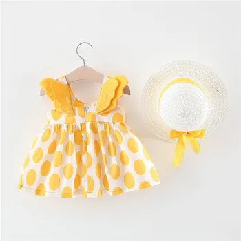 

2020 Summer New Style Girls Dress Princess Korean Style Children Clothing 2pcs Set Wing Dot Girl Dress+sunhat Lovely Sundress
