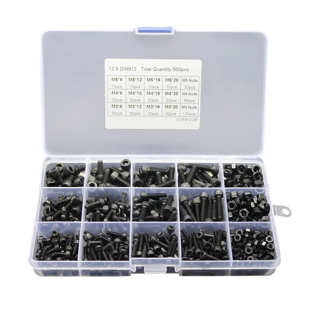 

500 Pcs Home Industrial Screw Nut Kit Carbon Steel Hardware Universal Hex Socket Rustproof M3 M4 M5 Assortment Black Cup Head