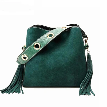 

2020 Vintage Fashion Women Fringe Bucket Shoulder Bag High Quality Suede Messenger Crossbody Bag Female Bucket Rivet Tassel Bag