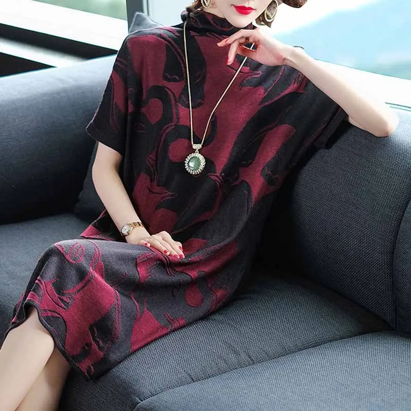 

High Collar Loose-Fit Slimming Elegant Knitted Full Body Dress 2019 New Style WOMEN'S Dress Mid-length over-the-Knee Sweater Dre