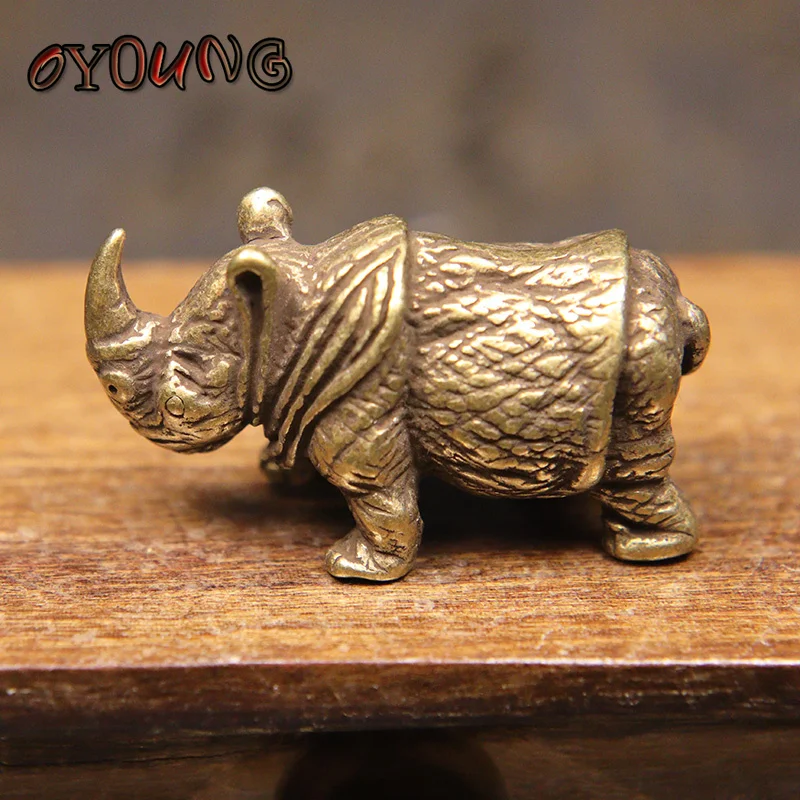 Handmade Pure Copper Cute Rhinoceros Miniatures Figurines Solid Vintage Brass Rhino Ornaments Tea Pets Desktop Decorations Craft