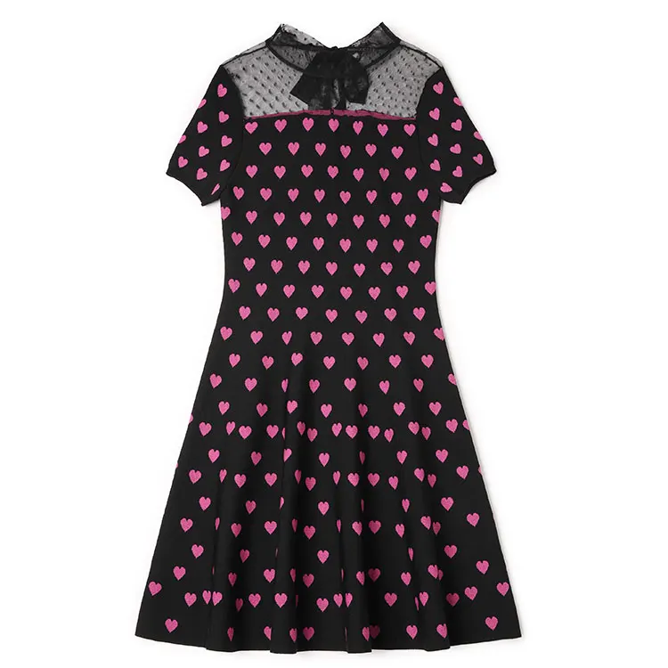 RMOJUL summer wear women's clothing Hepburn wind net yarn knitted collar peach heart cultivate morality dress SW - Цвет: see chart