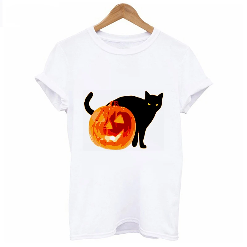 New halloween Cat and pumpkin 2019 t shirt women fashion Harajuku Short Sleeve t shirt White Comfortable Tshirt Tops clothing