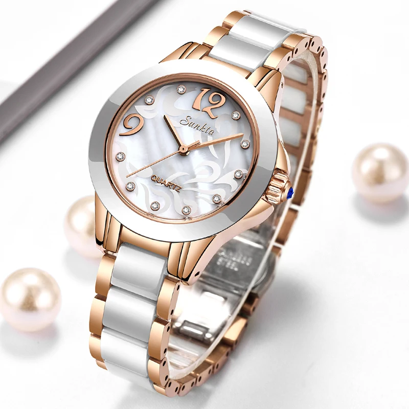 Beste SUNKTA Luxe Kristal Horloge Vrouwen Gift Waterdicht Rose Goud Dames Horloges Top Merk Armband Klok Relogio Feminin Hot